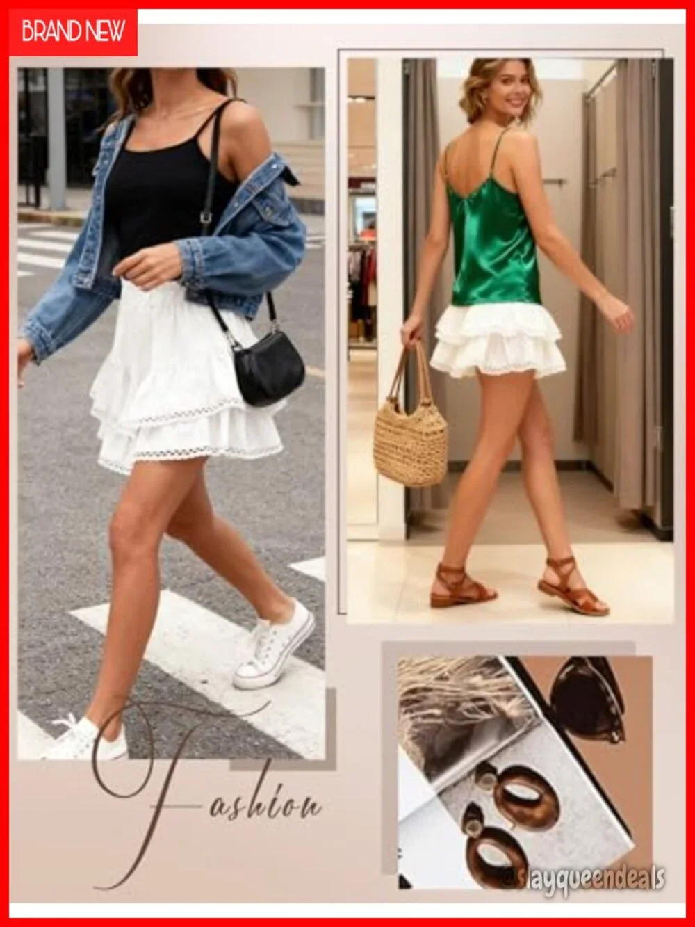 Flowy Skort with Ruffle Tiered Hem and Crochet Trim, High Waist, Mini Length,